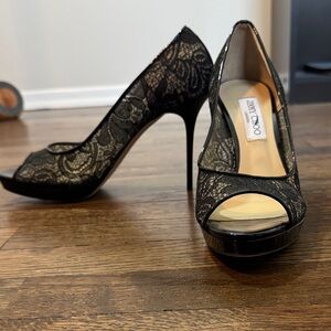 Jimmy Choo Black Lace Peep-Toe Heels